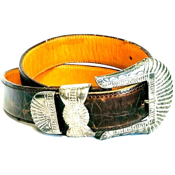 Zele Croc Skinny Belt Alligator Embossed Leather Brown S M Silver Buckle 24-29in - Picture 1 of 11
